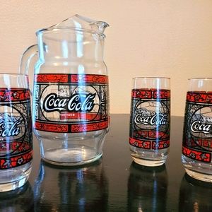 Vintage Coca Cola glass pitcher and 3 glasses